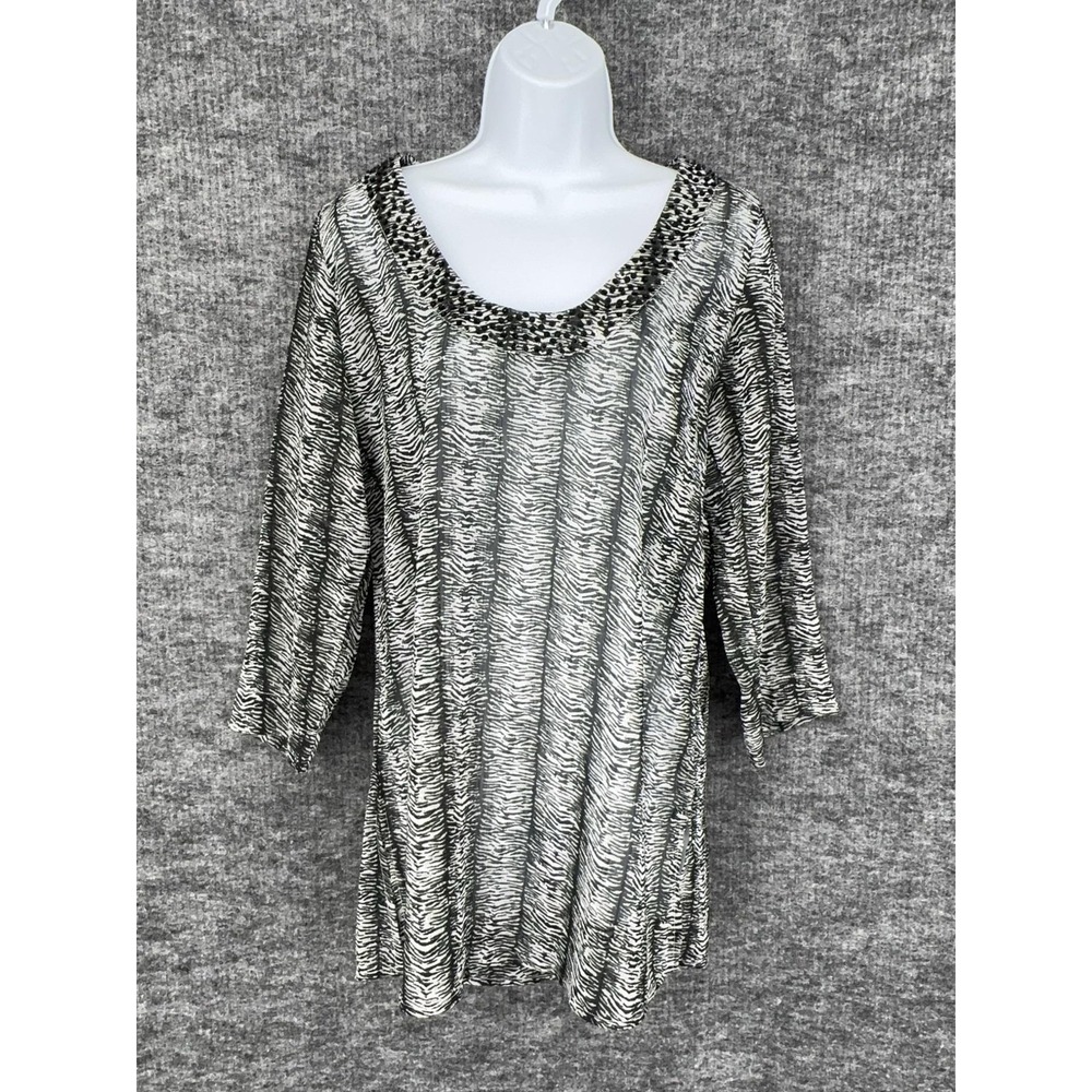 Tommy Bahama Blouse Womens XS Black Zebra Animal Print Sequin Tunic Top Sheer
